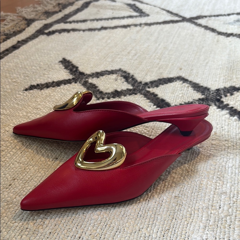 Maeve Red and Gold Suede Mules with Heart Detail